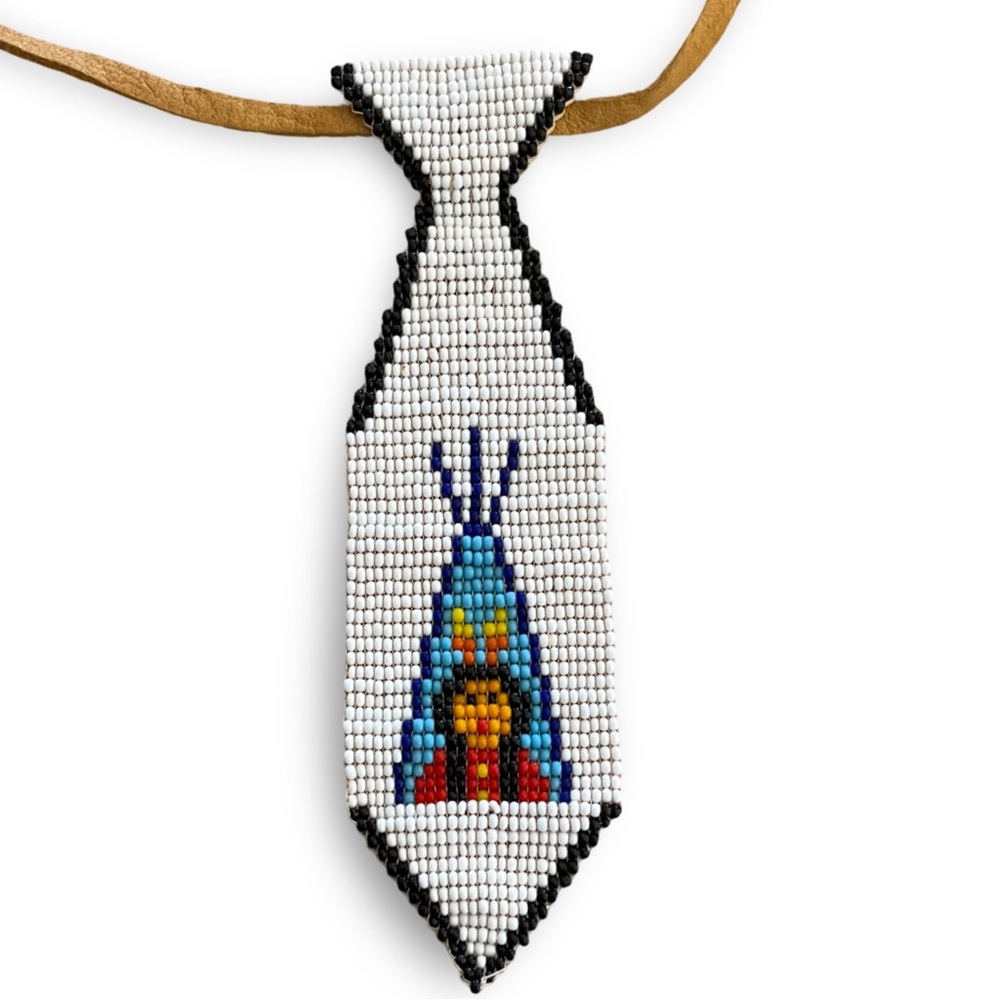 Beaded Necktie Necklace Native American Jewelry on Deerskin Leather Handmade